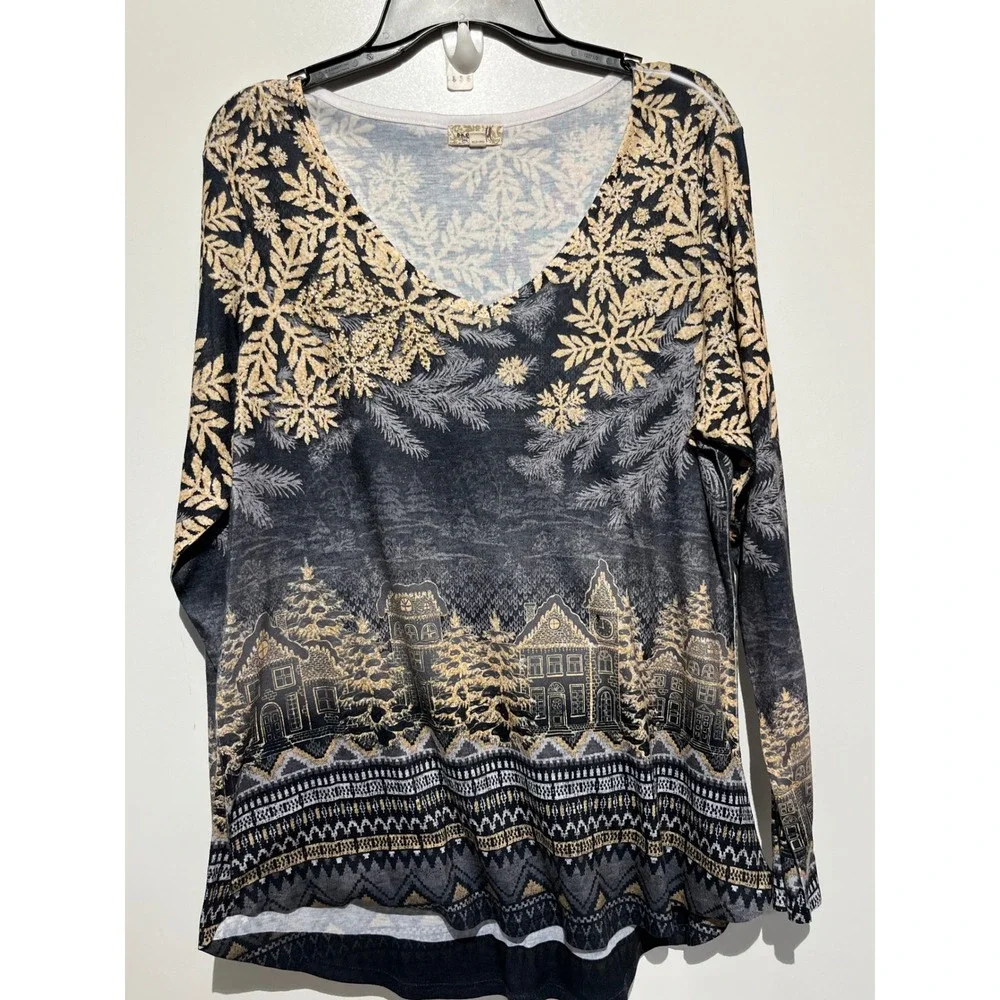 One World Winter Village Snowflake Gold Black V-Neck Long Sleeve Top‎ XXL